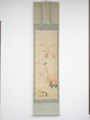 西沢笛畝筆　花鳥図　肉筆絹本掛軸（保護箱）